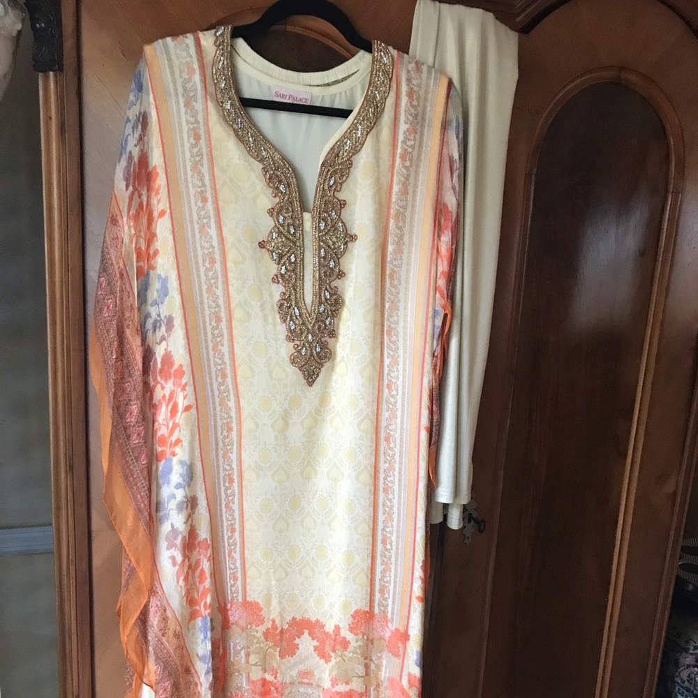 Sari Palace front beaded gown creme shawl pant